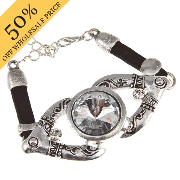 Wholesale silver bracelet bas relief accents large synthetic crystal