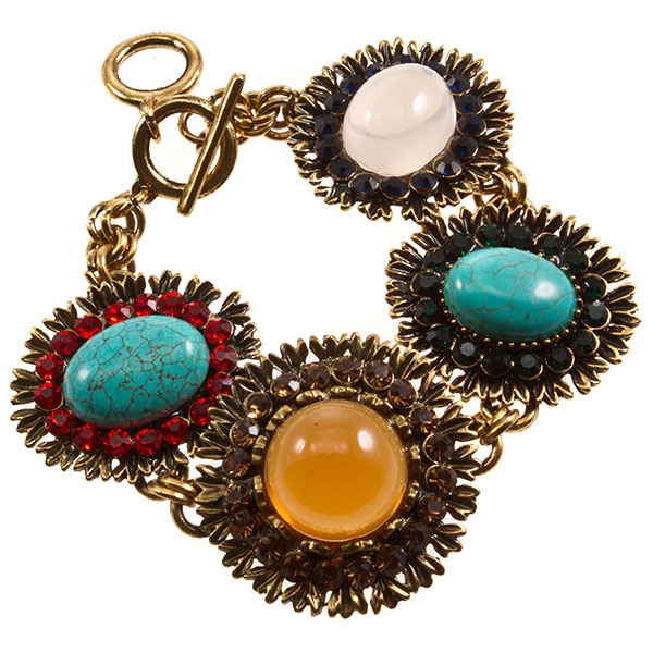Wholesale gold bracelet assorted medallion focals aqua frosted amber turquoise c