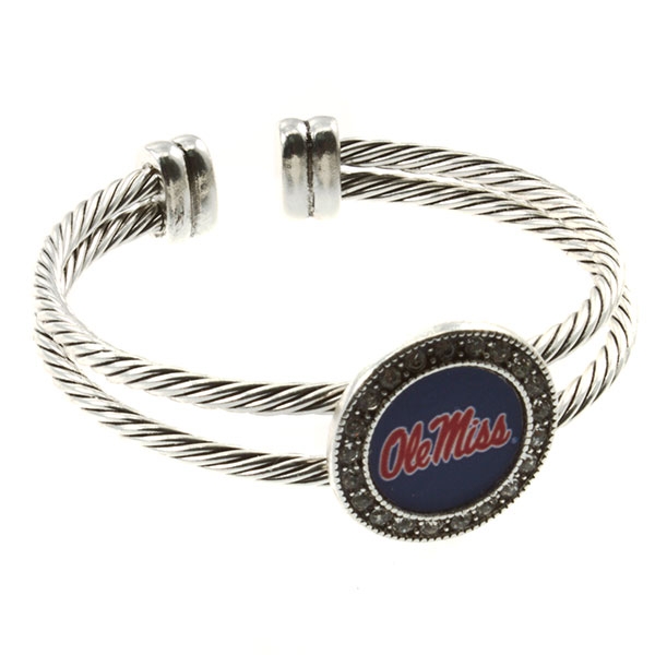 Wholesale silver toned cuff bracelet crystal rhinestones surrounding Ole Miss lo