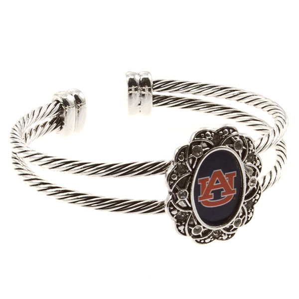 Wholesale auburn inspired silver double wired cuff bracelet logo center