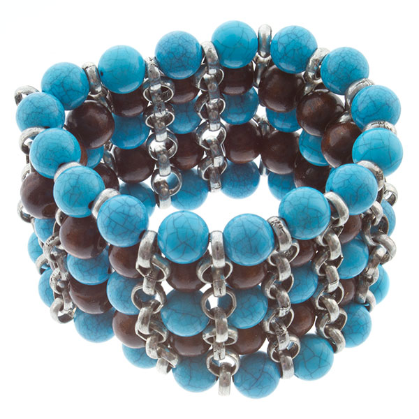 Wholesale inch stretch bracelet turquoise brown wooden beads rows silver chain