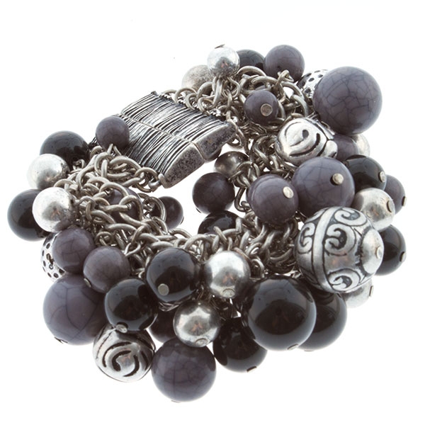 Wholesale silver toned smokey colored mixed bead cluster bracelet magnetic closu