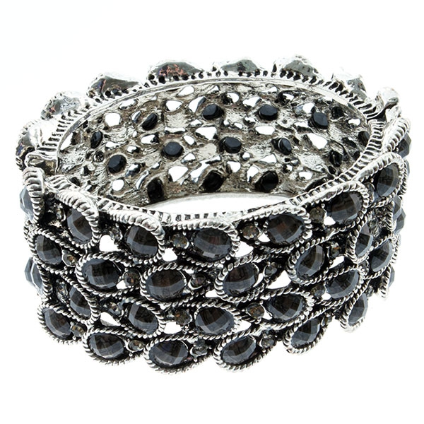 Wholesale silver stretch bracelet rows black onyx cabochons