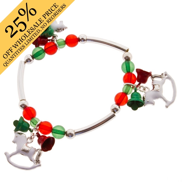 Wholesale silver bracelet assorted holiday beads rocking horse charms