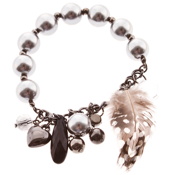 Wholesale silver bracelet pearl beads assorted charms including feather