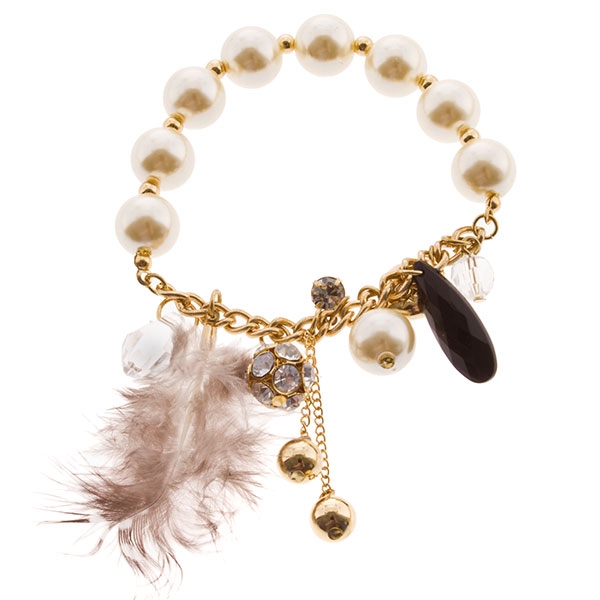 Wholesale gold bracelet pearl beads assorted charms including feather
