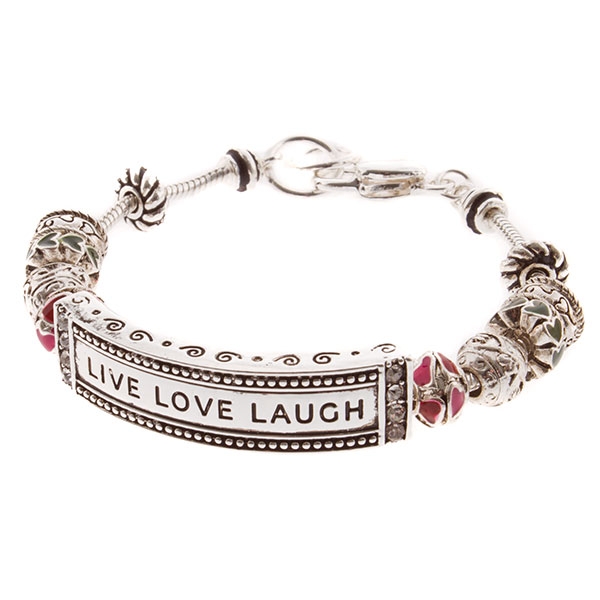 Wholesale silver inspirational message bracelet gemstone accents LIVE LOVE LAUGH