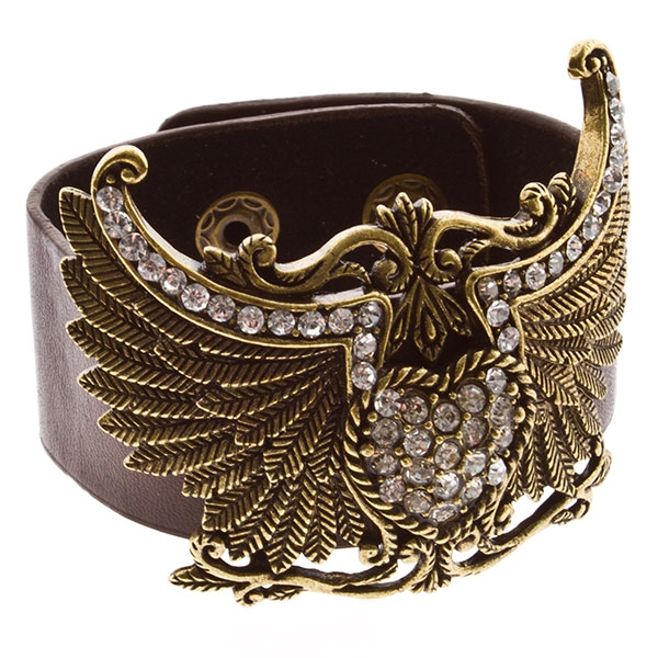 Wholesale leather band bracelet wing span inset crystals