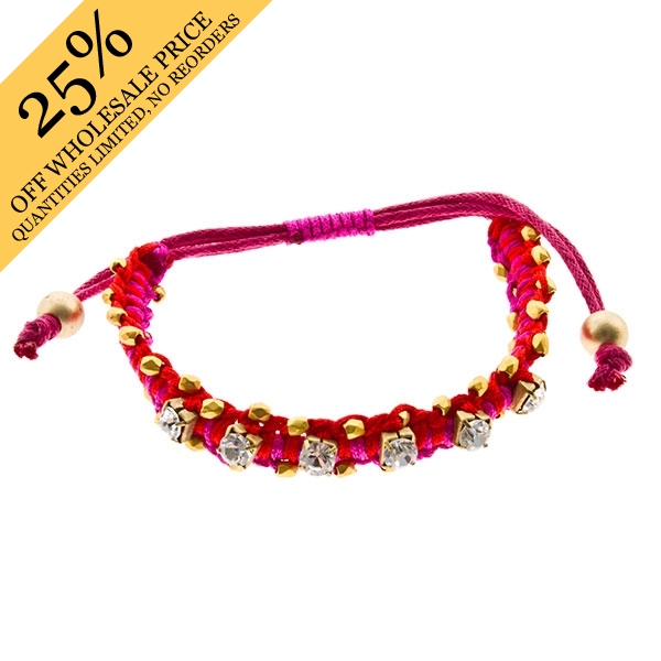Wholesale hot pink red leather cord bracelet gold accents crystal rhinestones