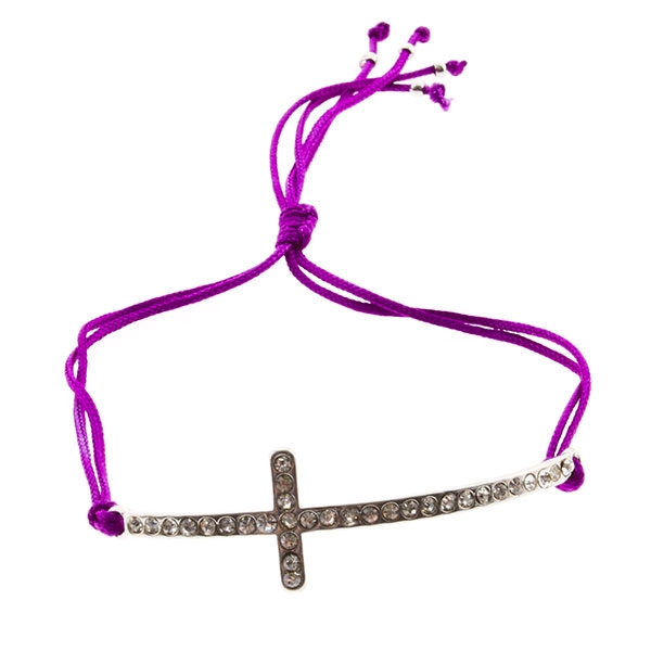 Wholesale purple cord bracelet elongated cross crystal rhinestones