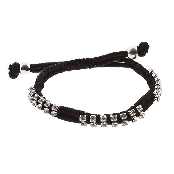 Wholesale silver bracelet crystal rhinestones black adjustable braided leather