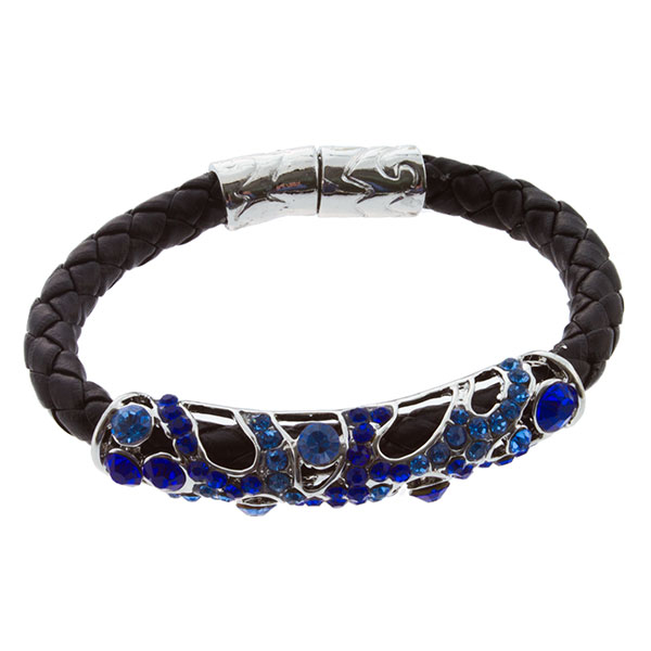 Wholesale black braided leather cord magnetic bracelet silver toned assorted blu
