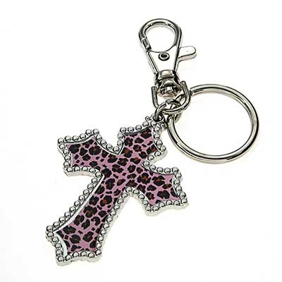 Wholesale cross Key Chain Pink Leapord Print Silver Keychain Approx L W