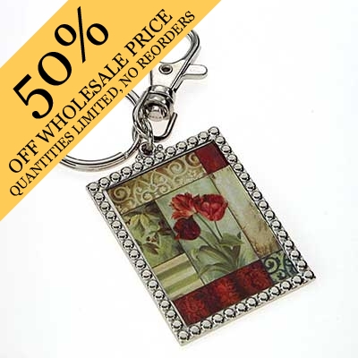 Wholesale rectangle Key Chain Rose Collage Print Silver Keychain Approx L W