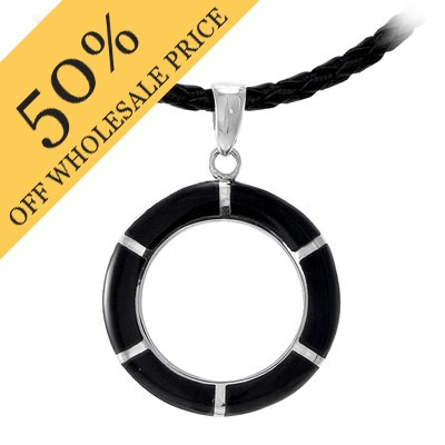 Wholesale sterling Silver Round Pendant w Black Stone Approx L W Black Braided L