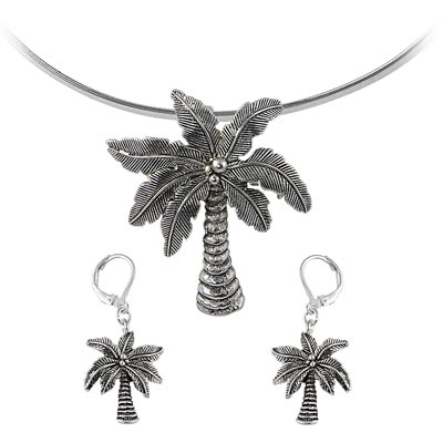 Wholesale palm Tree Fashion Pendant Brooch Earrings Set Polished Silver Black Ea