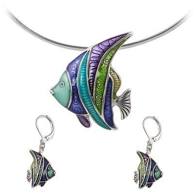 Wholesale tropical Fish Fashion Pendant Brooch Earrings Set Polished Silver Blue