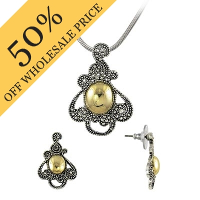 Wholesale fashion Pendant Earrings Set Polished Gold Silver Black Simulated Ston