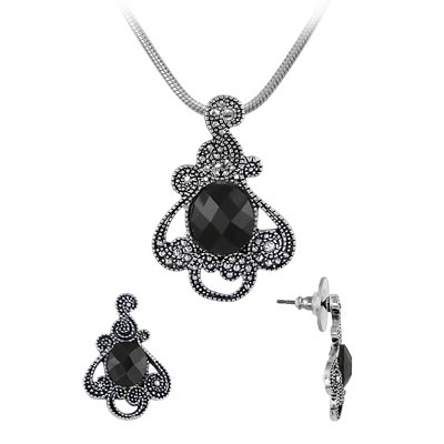 Wholesale fashion Pendant Earrings Set Polished Silver Black Simulated Stones Ea