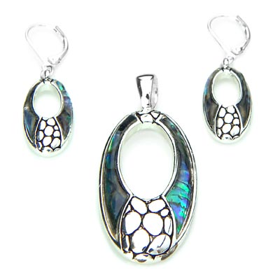 Wholesale art Deco Pendant Earring Set Polished Silver Multi colored Mother Pear