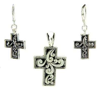 Wholesale polished Silver Cross Pendant Earring Set Earrings have Clasps Lead Sa