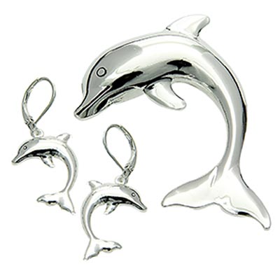 Wholesale polished Silver Dolphin Pendant Earring Set Lead Safe Pendant Approx L
