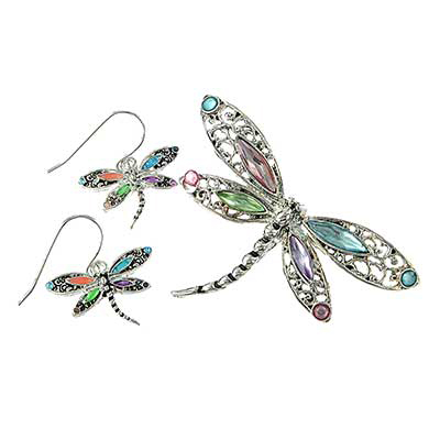 Wholesale simulated Semi Precious Stones Polished Silver Dragonfly Pendant Brooc
