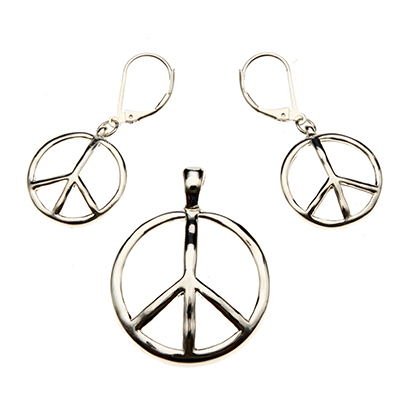 Wholesale polished Silver Metal Peace Sign Pendant Earring Set Lead Compliant Pe
