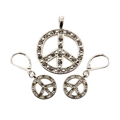 Wholesale peace Signs Pendant Earring Set Polished Silver Metal CZ Accents Lead
