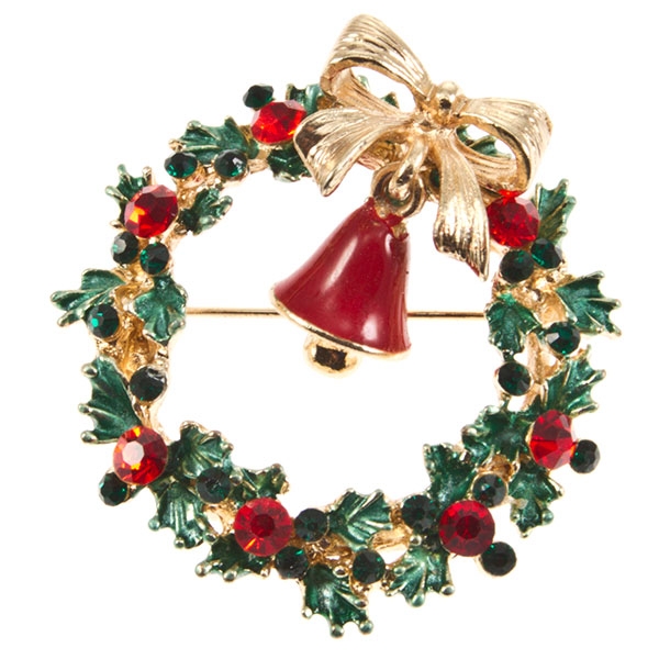 Wholesale inch diameter Christmas wreath pin red bell gold metal ribbon