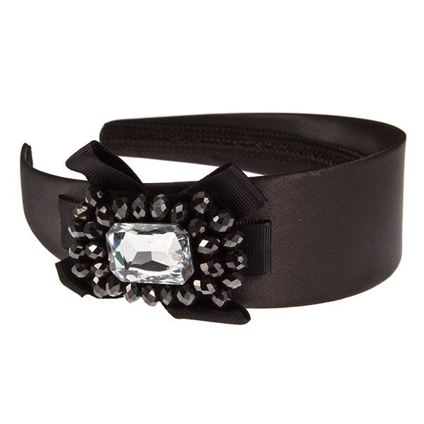 Wholesale polished black fabric headband faceted jet rhinestone floral center fa