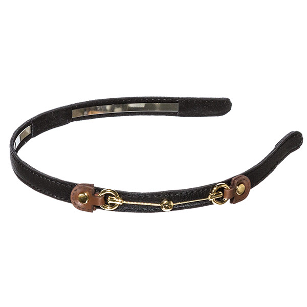 Black .5 inch leather covered metal headband with off centered brown