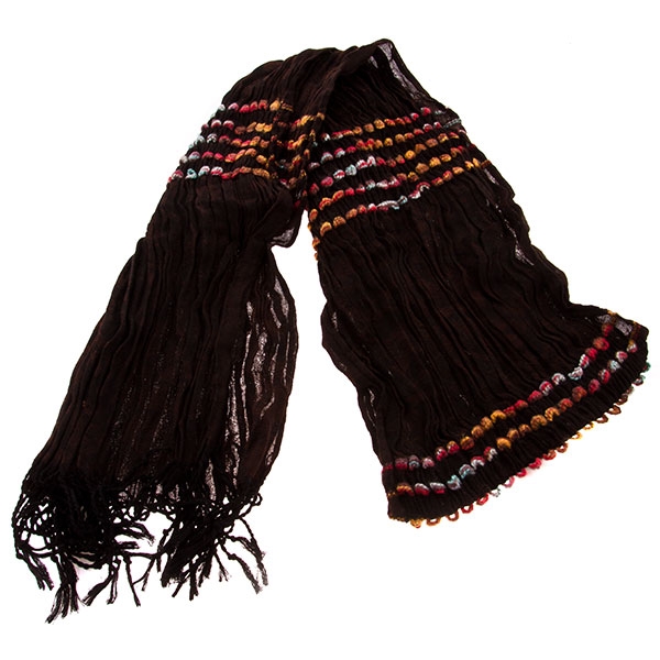 Wholesale chocolate wool like poly scarf crinkled fabric assorted color accents