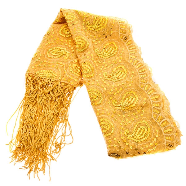 Wholesale honey gold polyester scarf paisley patterns adorned gold sequins scarf