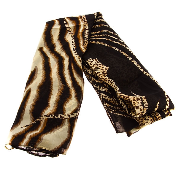 Wholesale smooth silk poly scarf animal print black tan gold