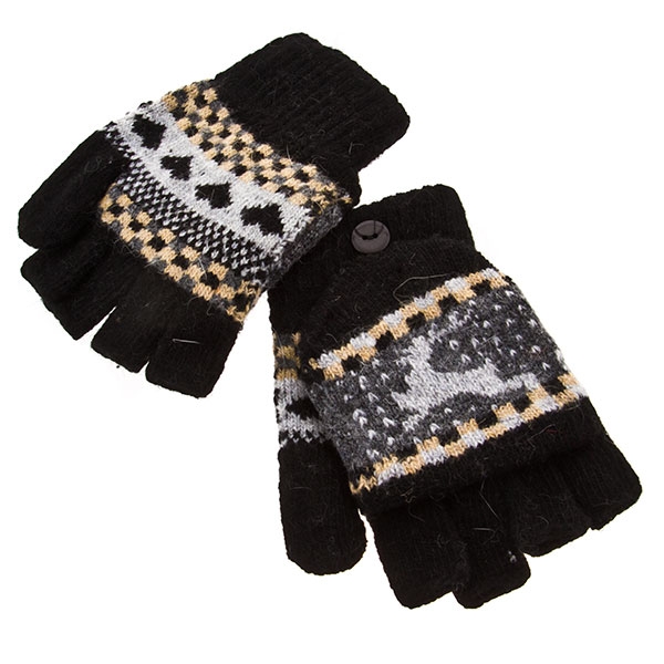 Wholesale reindeer print gloves thumb but open fingers black gray gold tones Als