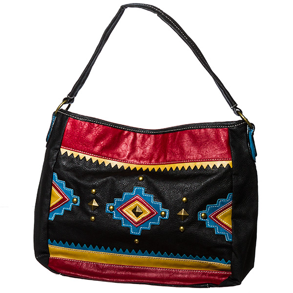 Wholesale black faux leather purse blue red yellow tribal front accenting antiq