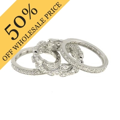 Wholesale sterling Silver Triple Band Set Two Eternity Band Rings have Clear Rou