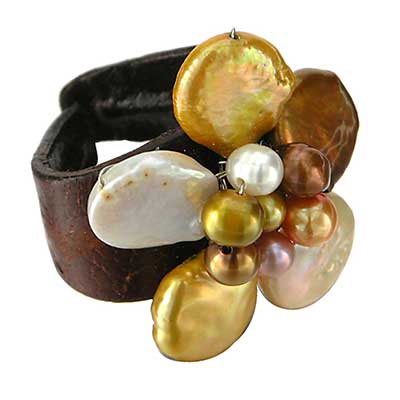 Wholesale brown Beige Colors Glass Flower Multi Colored Bead Center Ring Leather