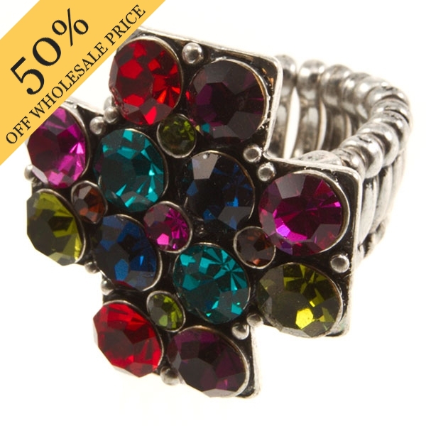 Wholesale silver cross ring adjustable band gemstone colored rhinestones
