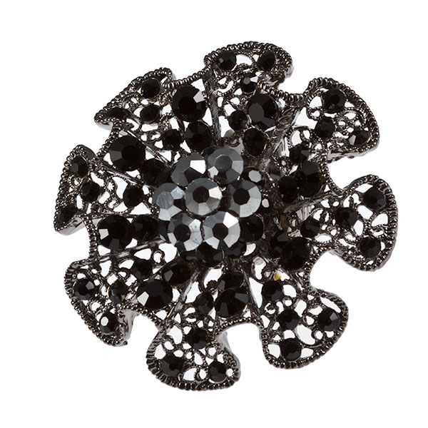 Wholesale adjustable band ring smokey rhinestones large diameter gun metal flowe