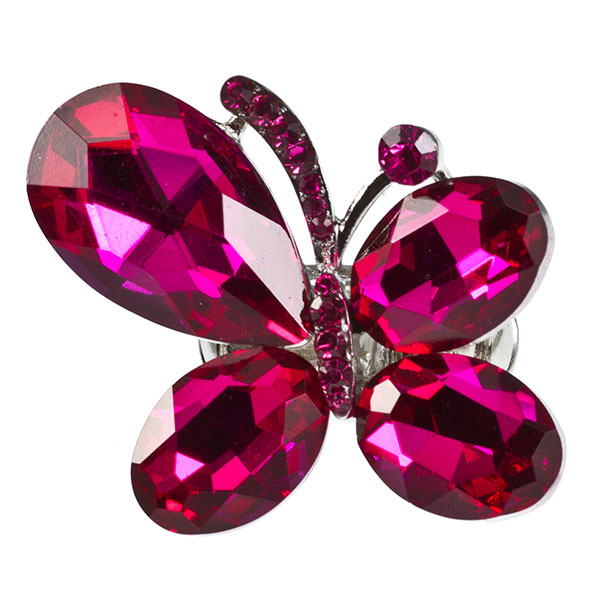 Wholesale cranberry faceted cabochon rhinestone butterfly ring silver stretch ba