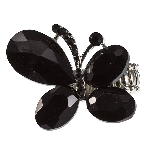 Wholesale black onyx faceted cabochon butterfly ring jet rhinestones silver stre