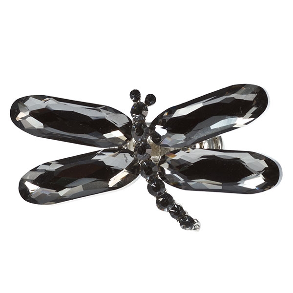 Wholesale silver stretch ring smokey crystal cabochon dragon fly jet rhinestones