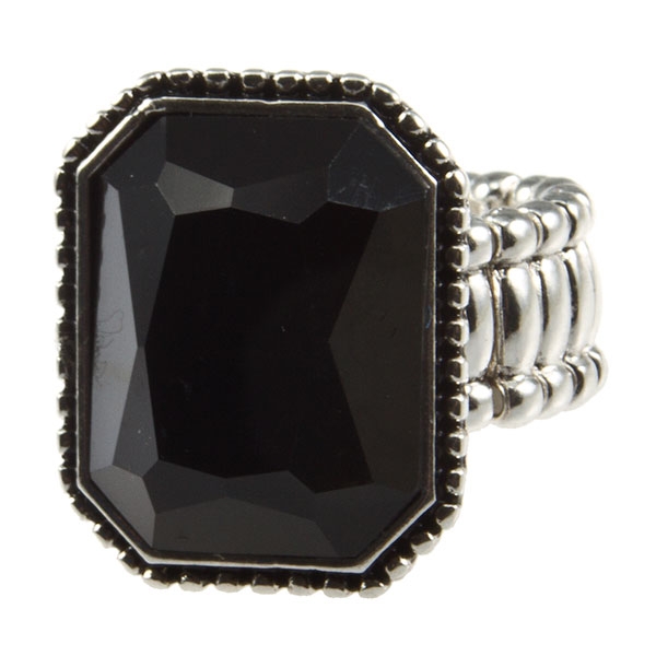 Wholesale silver stretch band ring faceted black onyx cabochon center medallion