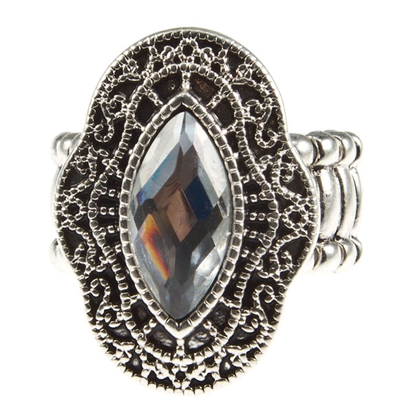 Wholesale silver stretch band ring clear elongated crystal cabochon center medal