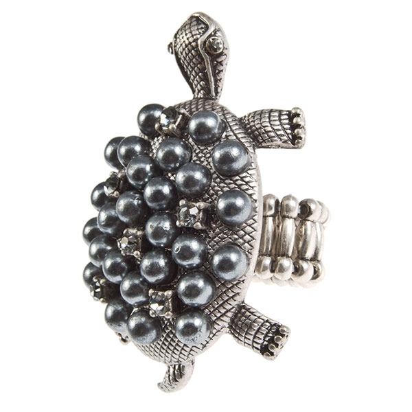 Wholesale silver stretch band ring turtle smokey gray pearl beads surface