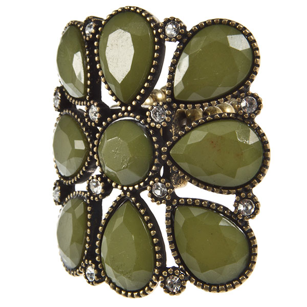 Wholesale gold stretch band ring teardrop petal inset chartreuse cabochons