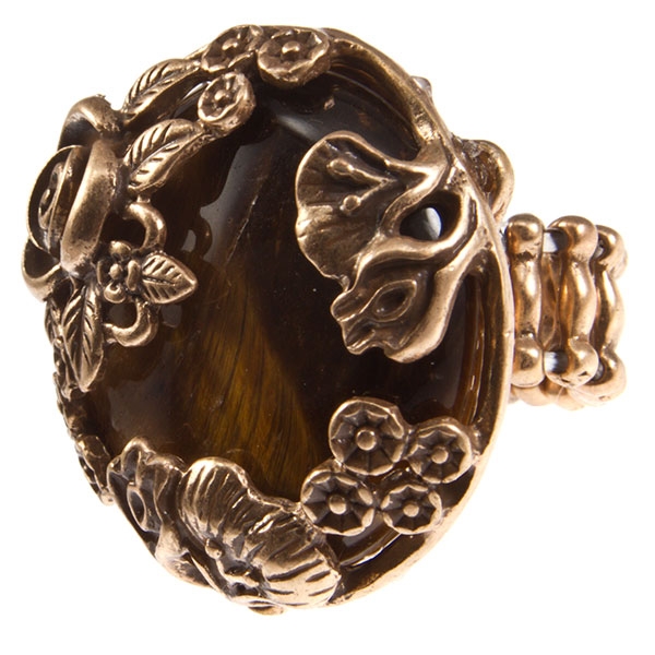 Wholesale gold stretch ring tiger s eye medallion under floral cut out cover