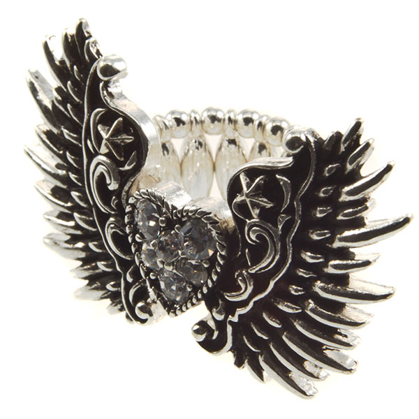 Wholesale antique silver angel wings cz embellished heart middle ring diameter h